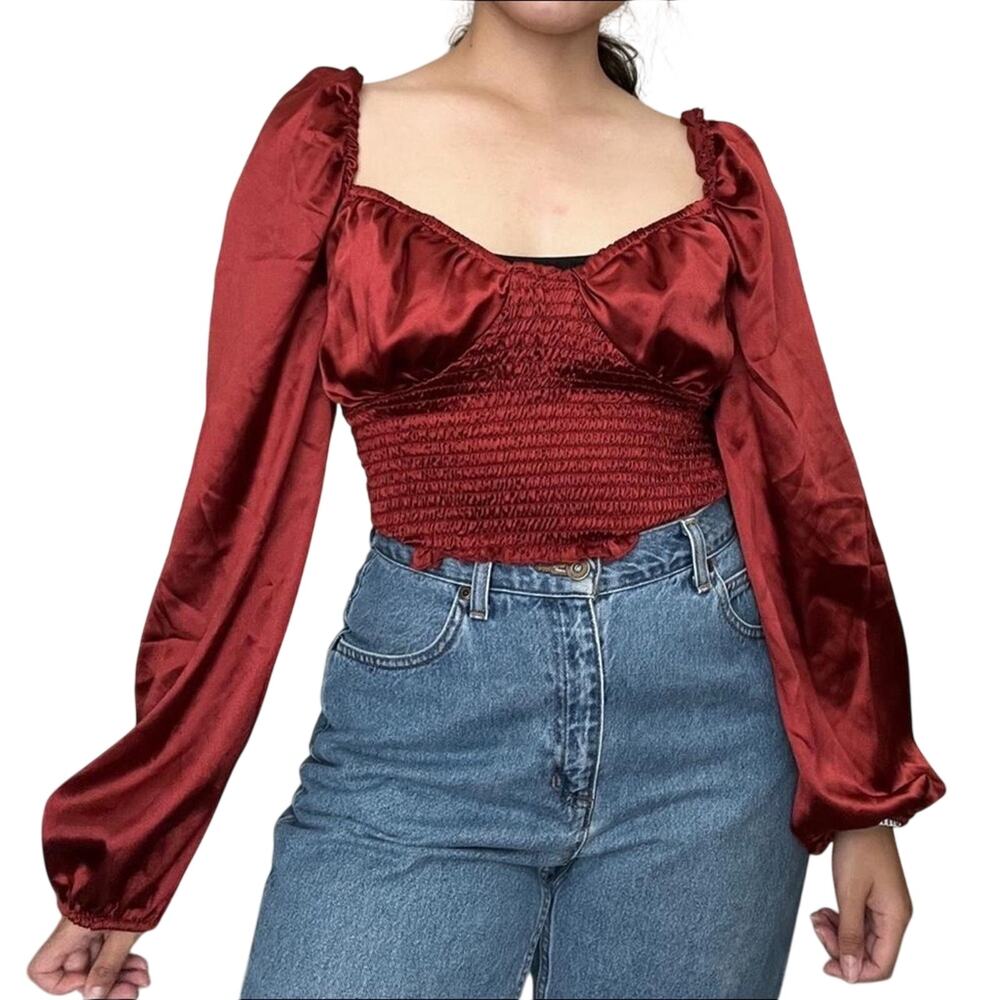 J is for Justify Deep Red Satin Blouse long sleeve